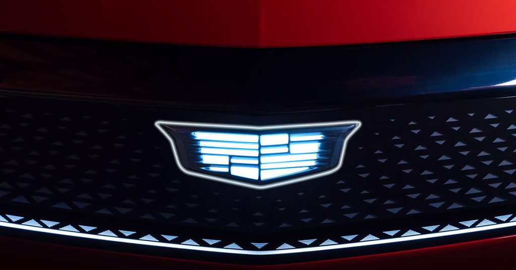 2025 Cadillac Optiq Grill and logo up close and lit up