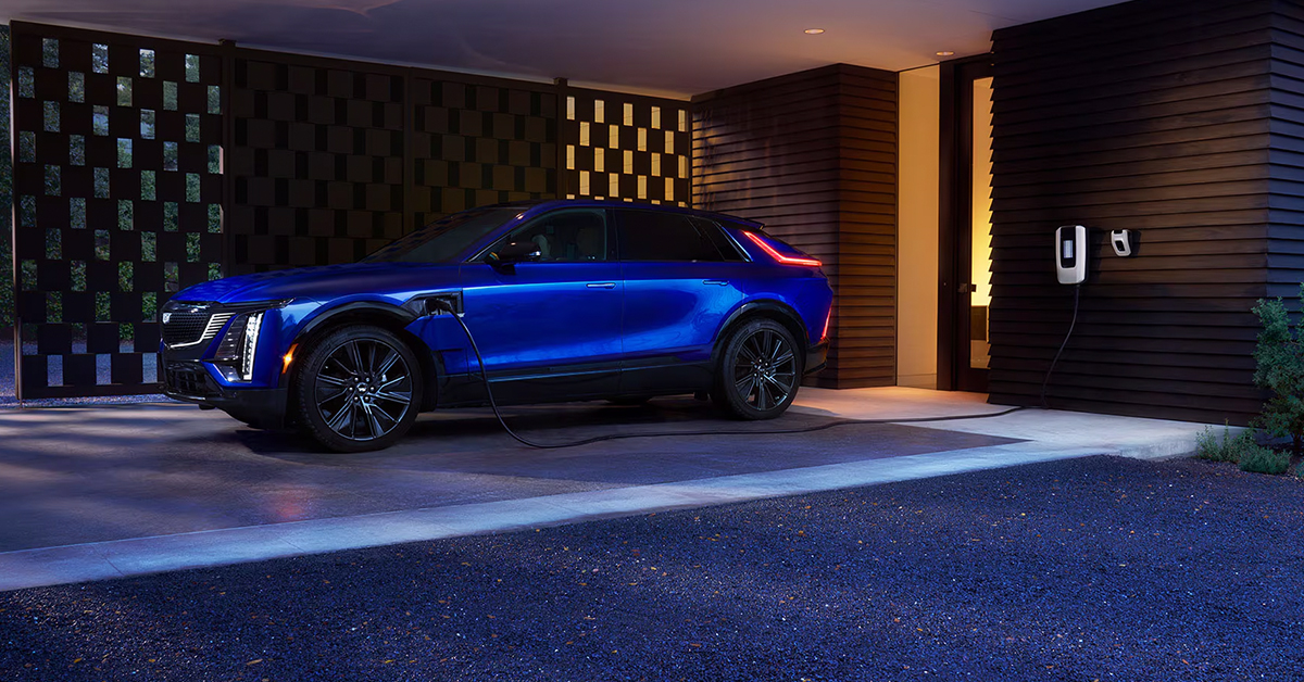 2025 Cadillac Lyriq EV exterior in blue while Charging